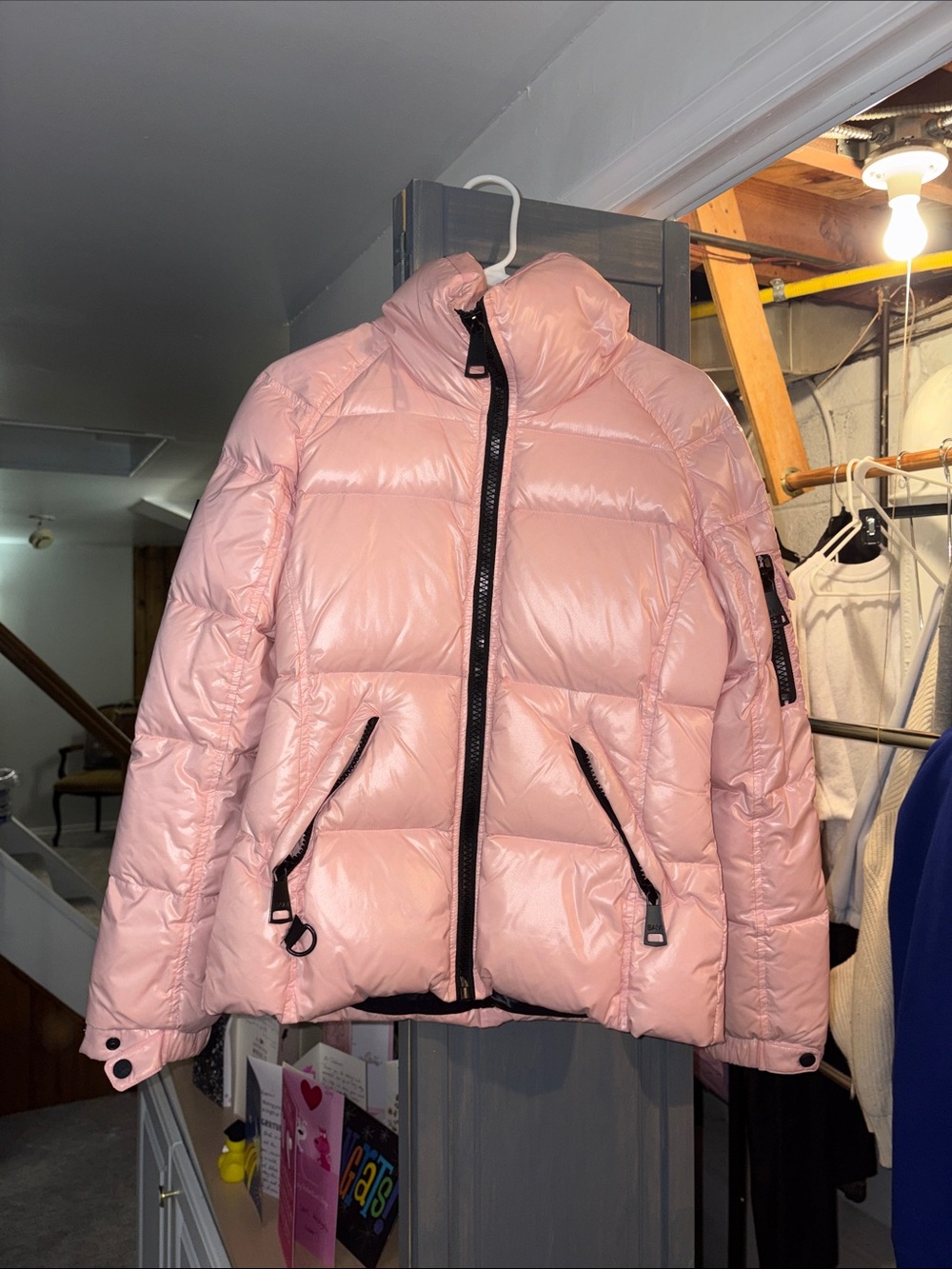 SAM Pale Pink Shiny Puffer Jacket with Black Trim
